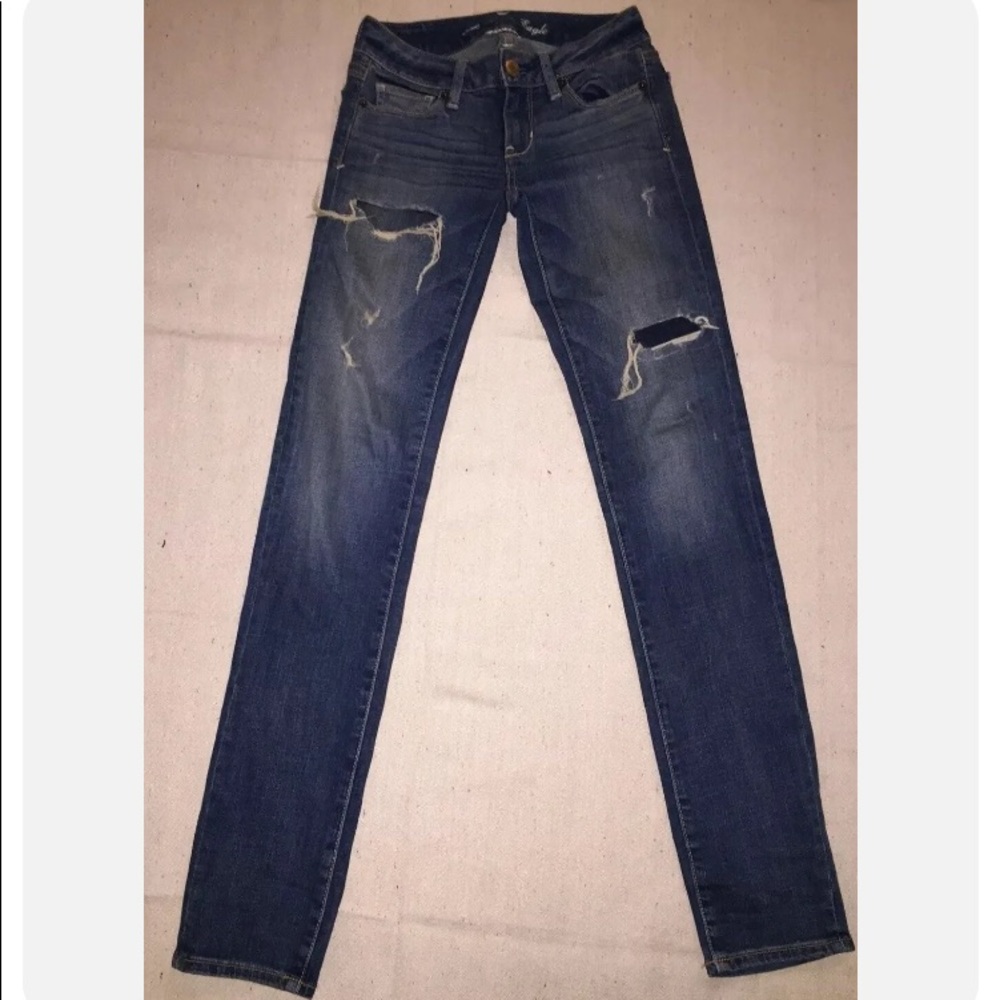 Distressed American Eagle Women Super Stretch Skinny Rips Patches Denim Jeans 00